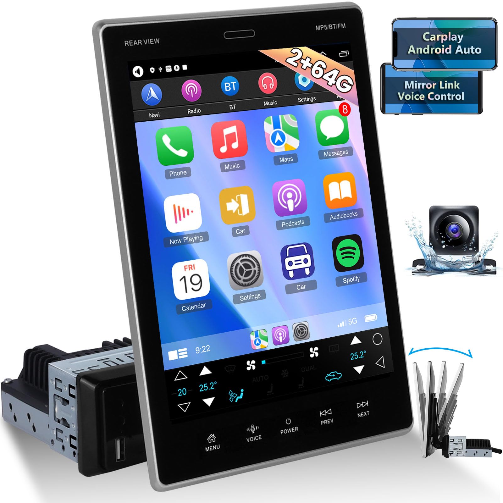 Photo 1 of [2+64G] NHOPEEW Single Din Car Stereo with Wireless Carplay and Android Auto - 9.5 inch Vertical Touchscreen Android Car Radio - GPS Navigation/WiFi/Mirror Link/SWC + AHD Backup Camera