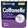 Cottonelle Toilet Paper, 12 Mega Rolls = 48 Regular Rolls, Ultra Comfort, Soft Bathroom Tissue, 244 Sheets per Roll, Packagin