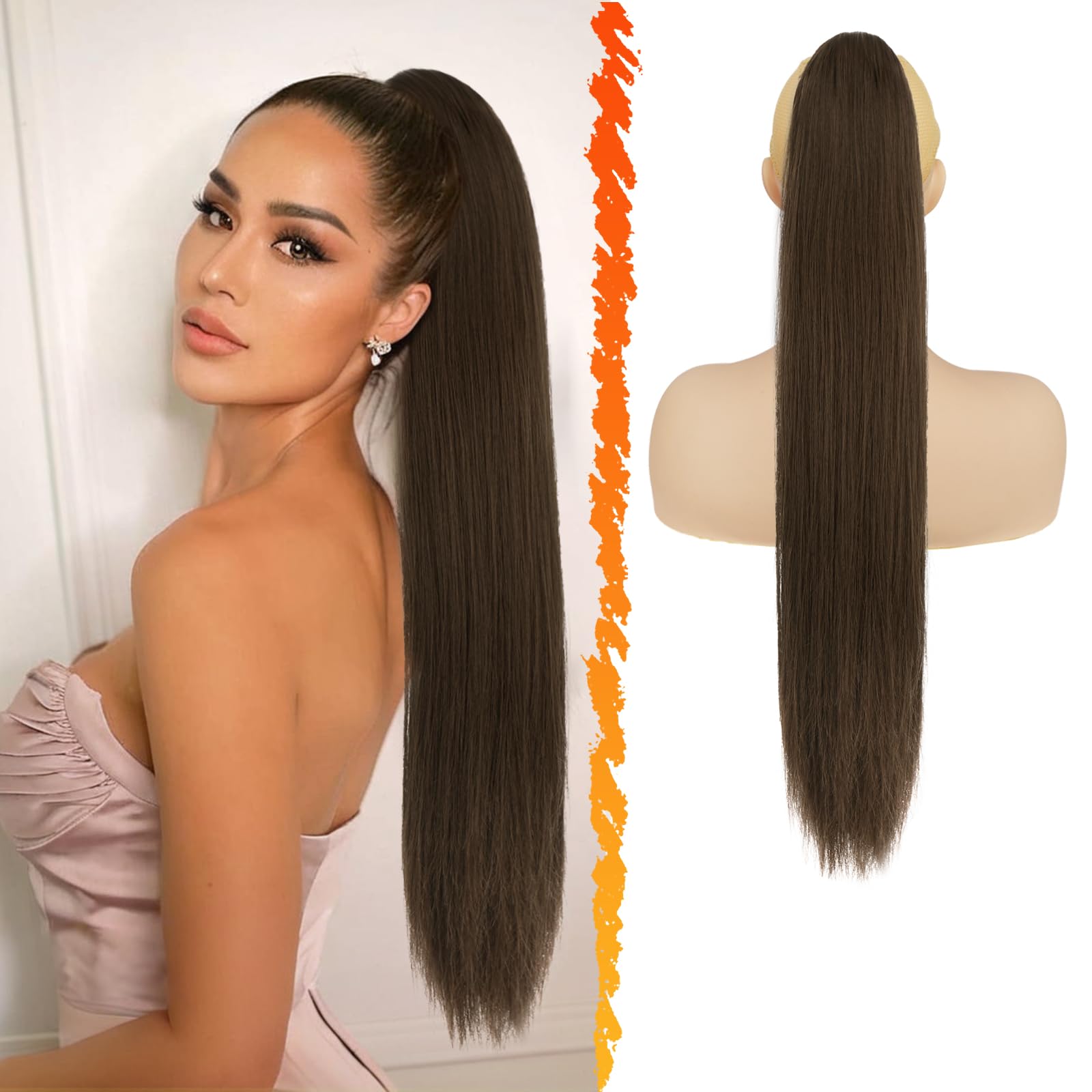 BARSDAR Long Straight Drawstring Ponytail Extension, 26 Inch Drawstring Brown Ponytail Hair Extensions for Women - Synthetic Clip in Pony Tails Hairpieces Fake Ponytails Daily -Chocolate Brown Mixed