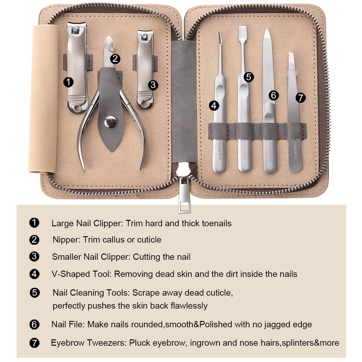 FAMILIFE Manicure Set, 7 in 1 Professional Manicure Pedicure Set Nail Clipper Set, Stainless Steel Professional Grooming Kit with Gray Leather Portable Travel Nail Clipper Set for Men Father : Beauty