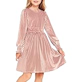 Arshiner Girls Long Sleeve Dress Velvet Crew Neck Midi Fall Vintage Plain Dress for Kids 4-13Y