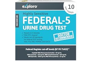 Exploro 5 Panel Drug Test Kit – at Home Urine Drug Screen for THC, Cocaine, Amphetamines, Opiates, PCP – Federal 5 Standard with Quick Results for Pre-Employment & Personal Use (Pack of 10)