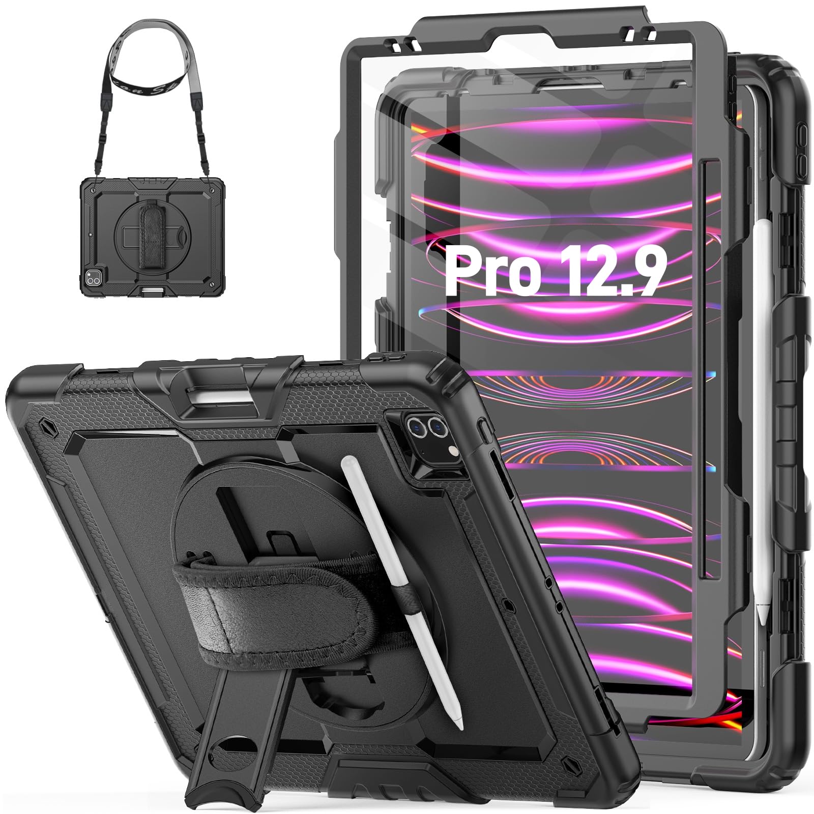 Photo 1 of HXCASEAC Case for iPad Pro 12.9 Case (6th 5th 4th 3rd Generation), Shockproof Design | Pencil Holder | Hand Strap | Screen Protector | Heavy Duty Protective iPad 12.9 inch 2022/2021/2020/2018 - Black
