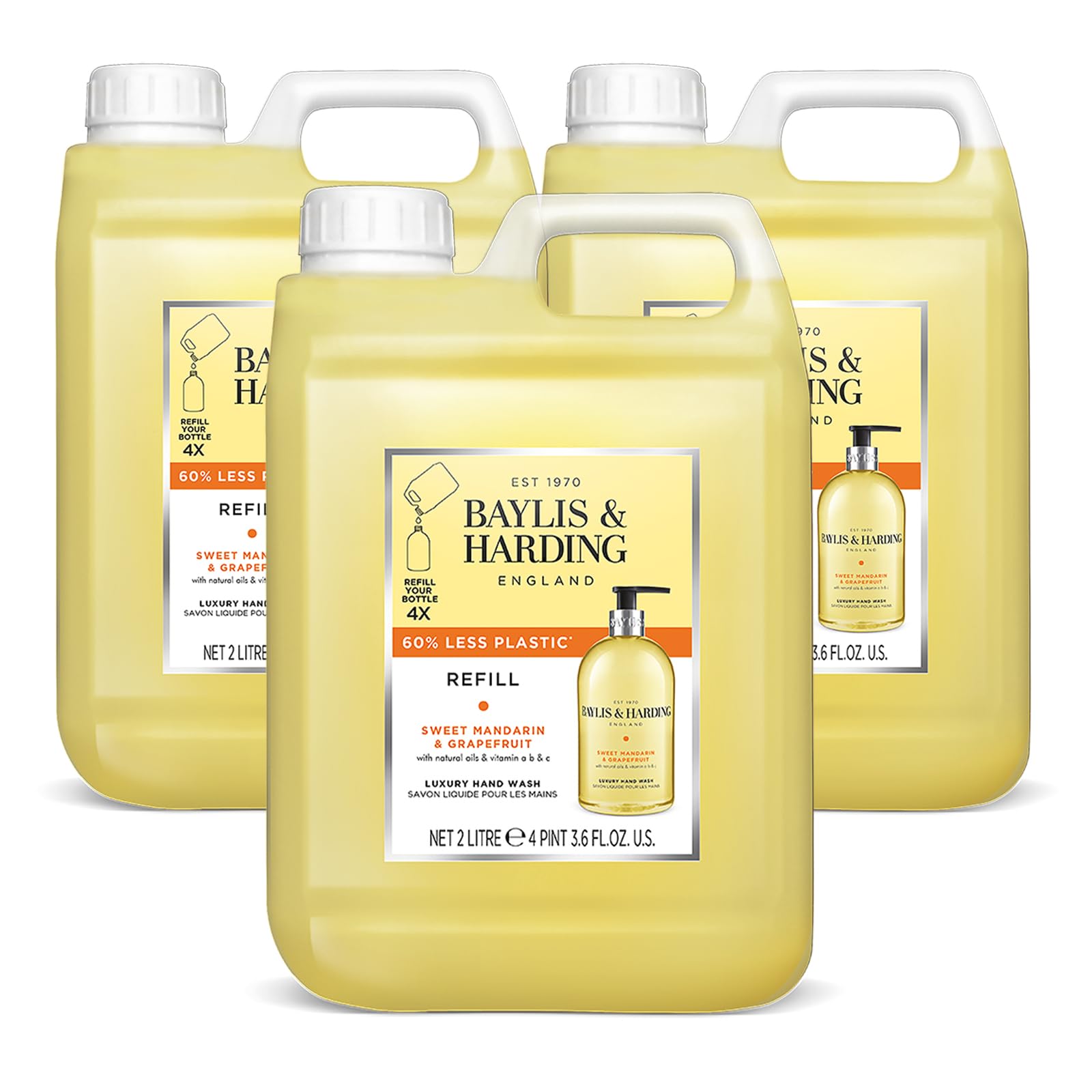 Baylis & Harding Sweet Mandarin and Grapefruit Hand Wash 2 Litre Refill (Pack of 3 - Total 6 litres) - Vegan Friendly