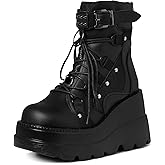 Tscoyuki Platform Ankle Boots for Women Chunky High Heel Booties Goth Round Toe Combat Boots Women Lace Up Motorcycle Wedges