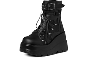 Tscoyuki Platform Ankle Boots for Women Chunky High Heel Booties Goth Round Toe Combat Boots Women Lace Up Motorcycle Wedges