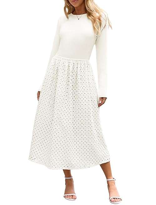 Theenkoln Women Eyelet Midi Dress:Long Sleeve Crew Neck Hollow Out Lace A-Line Casual Fall Knit Dresses with Pockets White Large