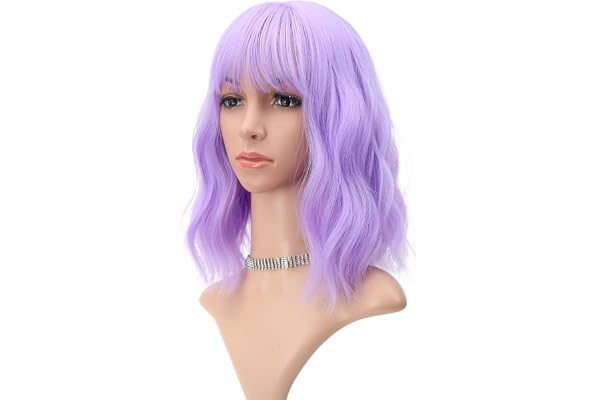 FAELBATY Wavy Wig Short Purple Wigs With Air Bangs Shoulder Length Wig For Women Curly Wavy Synthetic Halloween Cosplay Wig f