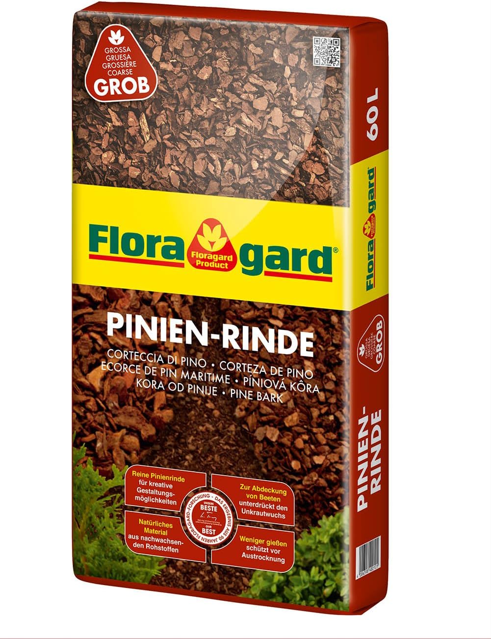 Floragard Mulch Pinienrinde 25-40 mm 60 L • grob • dekorativer Bodenbelag • unterdrückt Unkrautwuchs • naturbelassen • für mediterranes Flair