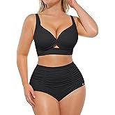SHAPELLX High Waisted Bikini Tummy Control Two Piece Swimsuits for Women Ruched Bathing Suit Twist Front Bikini Sets