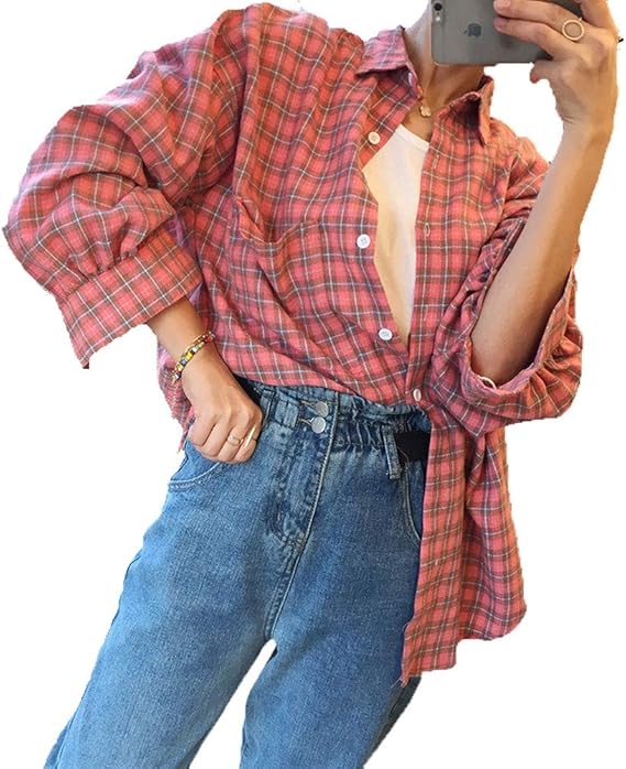 Amazon シャツブラウス レディース チェック柄 シャツブラウス 韓国ファッション ブラウス シャツブラウスレディース アシンメトリー Bldo1776 ピンク シャツ ブラウス 通販