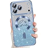 Misscase Magnetic Glitter Case for iPhone 17 Pro Max,Gradient Love Hearts Plating Phone Case Compatible with MagSafe,Built-in Camera Lens Protector,Cute Full Cover Protection Case for Women-Blue