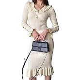 Vaceky Ruffle Sweater Dress Womens Pearl Button Bell Long Sleeve Ribbed Knit Bodycon Midi Dresses