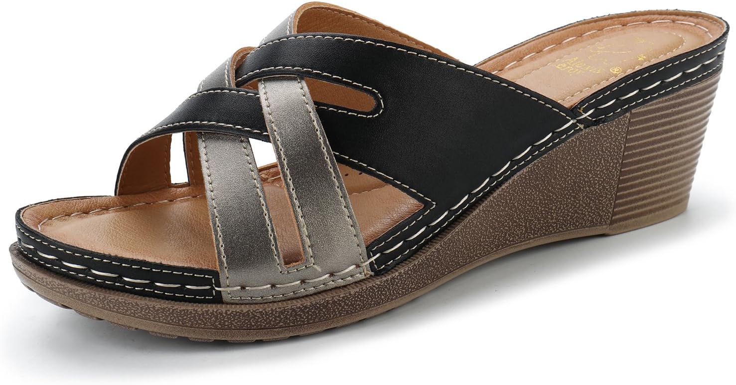 Alexis Leroy Crisscross Strappy Comfortable Mules Women’s Slip on Wedge Sandals Black 37 EU / 4 UK