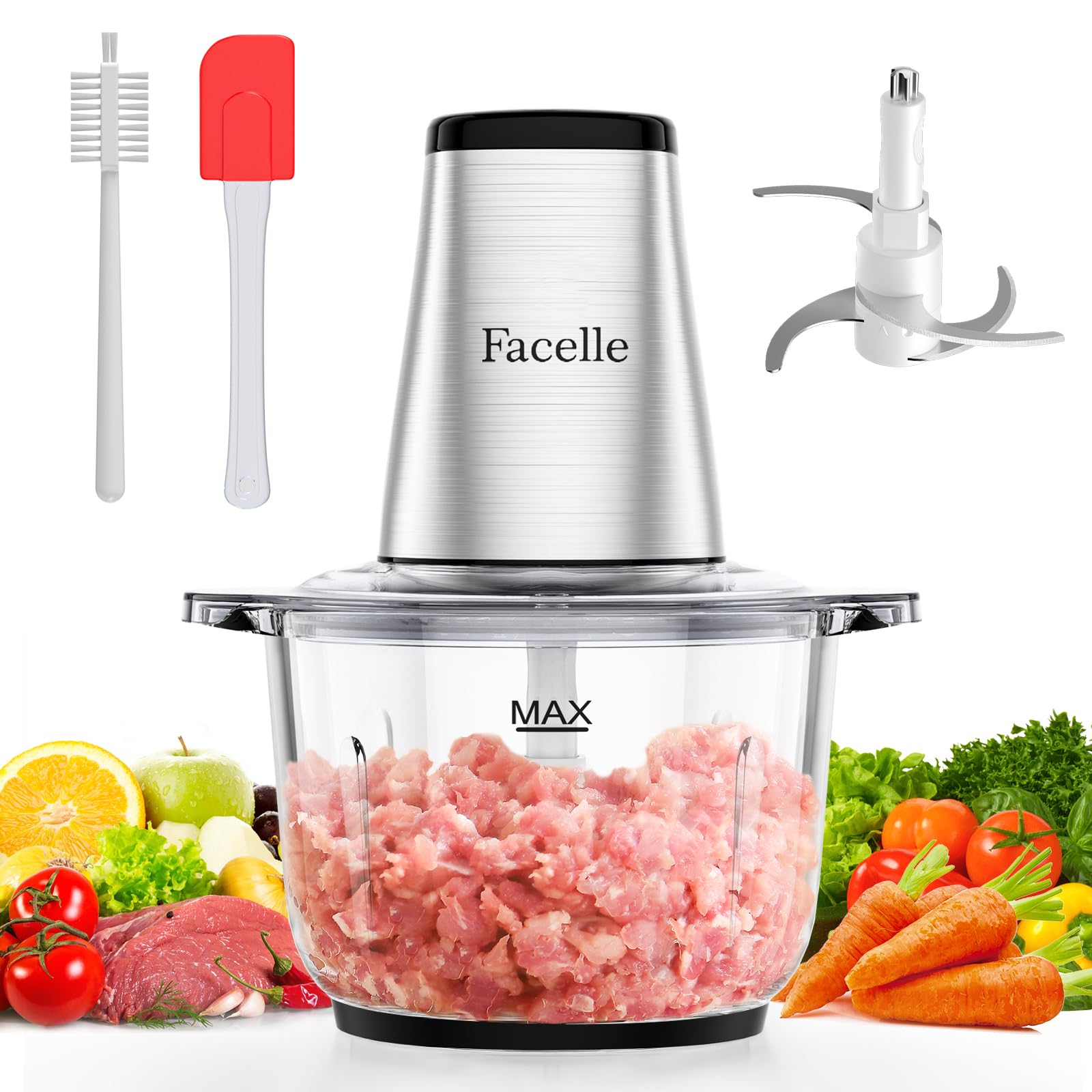 Photo 1 of ***MISSING BOWL & ACCESSORIES, PRICE ADJUSTED*** Food Processor, Facelle Meat Grinder 8-Cup Food Chopper Electric Vegetable Chopper 500W With 2L Glass Bowl & 4 Sharp Blades for Meat/Vegetable/Fruit/Nut/Baby Food