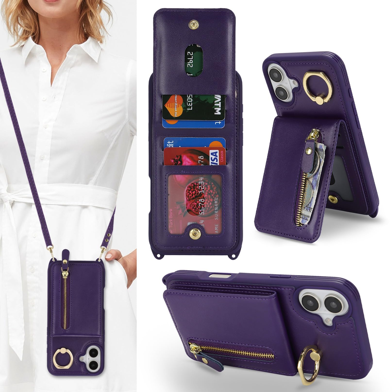 Jaorty Compatible with iPhone 16 Case Wallet with Card Holder for Women Men,with Ring Holder,PU Leather Magnetic Snap Zipper Wallet Phone Case with Crossbody Strap for iPhone 16 6.1",Dark Purple