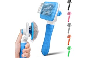 PWOD Dog & Cat Brush, Self Cleaning Slicker Brush for Pets, Upgraded Dog Brush for Shedding Massaging and Grooming, Removes Loose Undercoat & Portable Comb for Long Short Haired Dogs(Blue)
