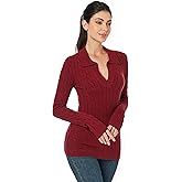 AmélieBoutik Women Collar V Neck Cable Knit Long Sleeve Pullover Sweater