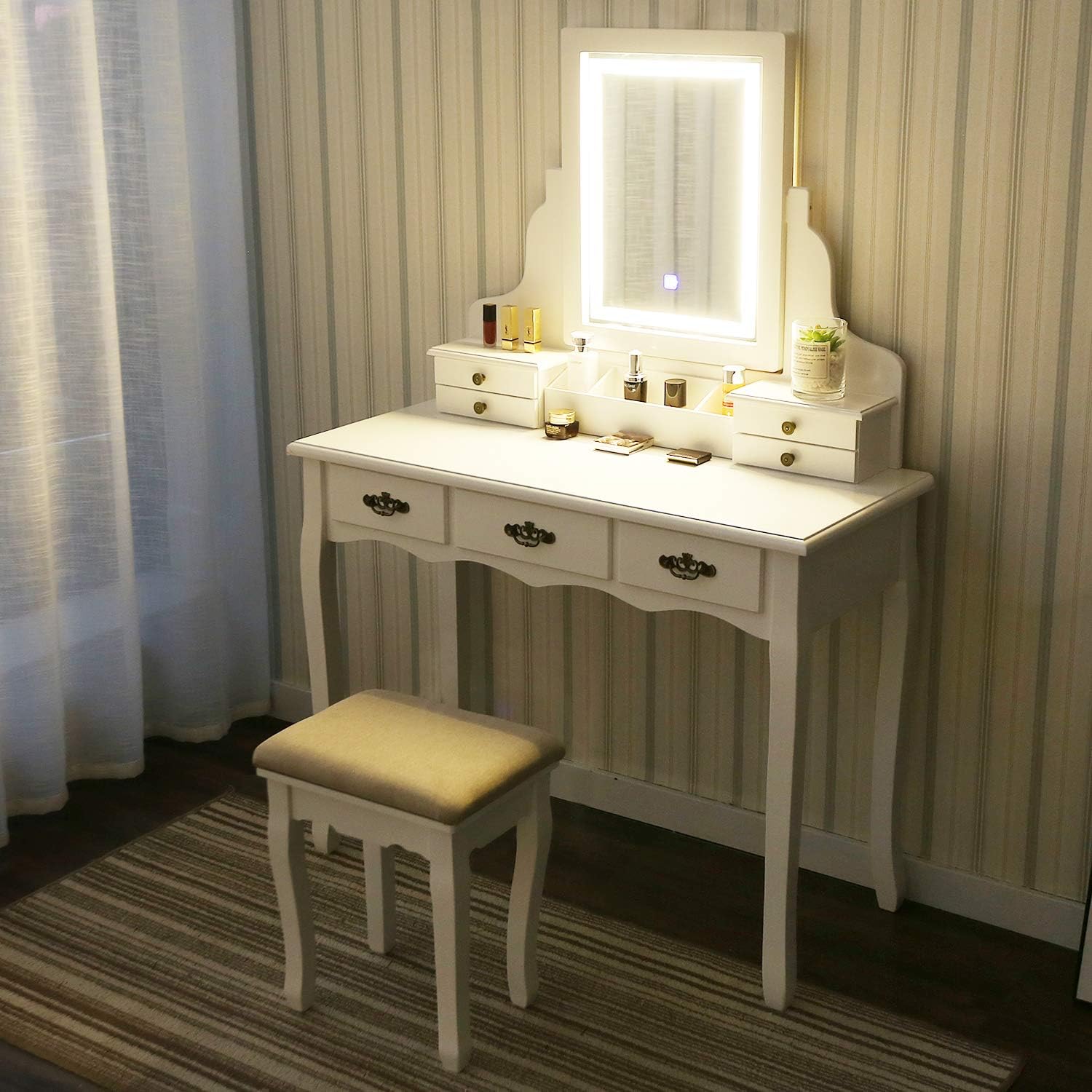 ELECWISH White Dressing Table with Light Adjustable Brightness Mirror and 7 Drawer & Storage Compartments Makeup Table Stool Set Dresser Vanity Cushioned Stool Bedroom Furniture (Rectangular Mirror)