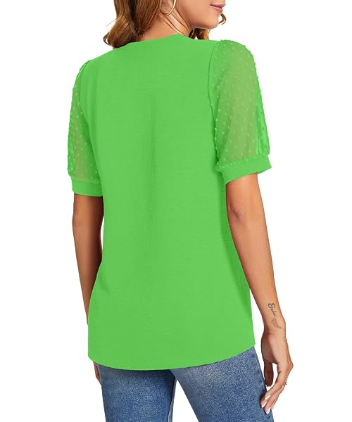 NILOUFO WOMENS SUMMER CASUAL SHIRTS SHORT SLEEVE TUNIC V NECK TRENDY BLOUSES TOPS(B:GREEN, LARGE)
