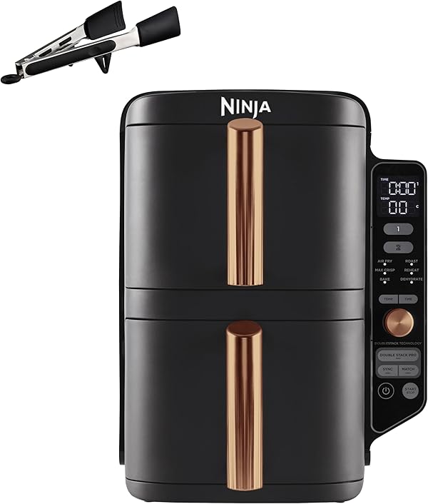Ninja Double Stack XL Heißluftfritteuse, 2 vertikale Schubladen, 4 Kochstufen, 2 Einschübe, platzsparendes Design, 9,5 L Fassungsvermögen, 6 Funktionen, 8 Portionen, Zange, Schwarz/Kupfer SL400EUCP