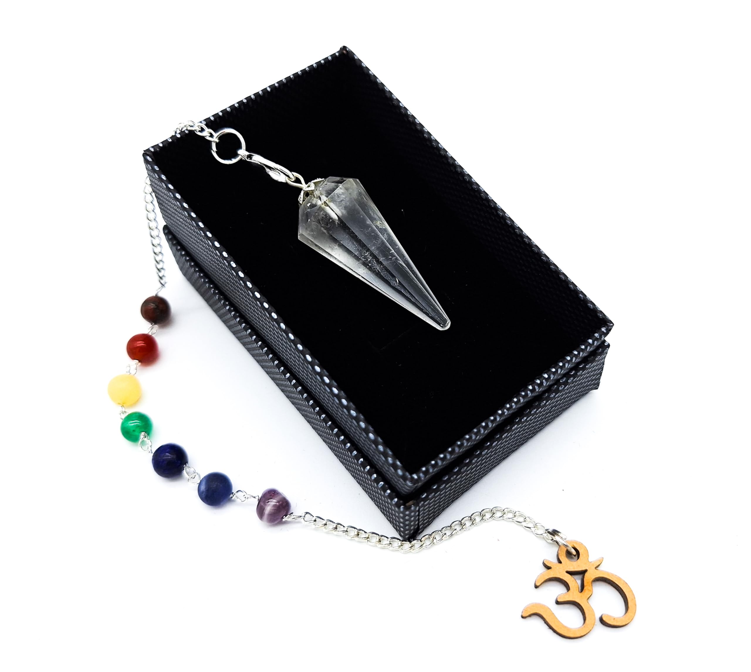 Gemstone Pendulum Rock Crystal 7 Chakra Gemstones Mantra Om Aum Symbol in Jewellery Box | Metaphysics Esoteric Witchcraft