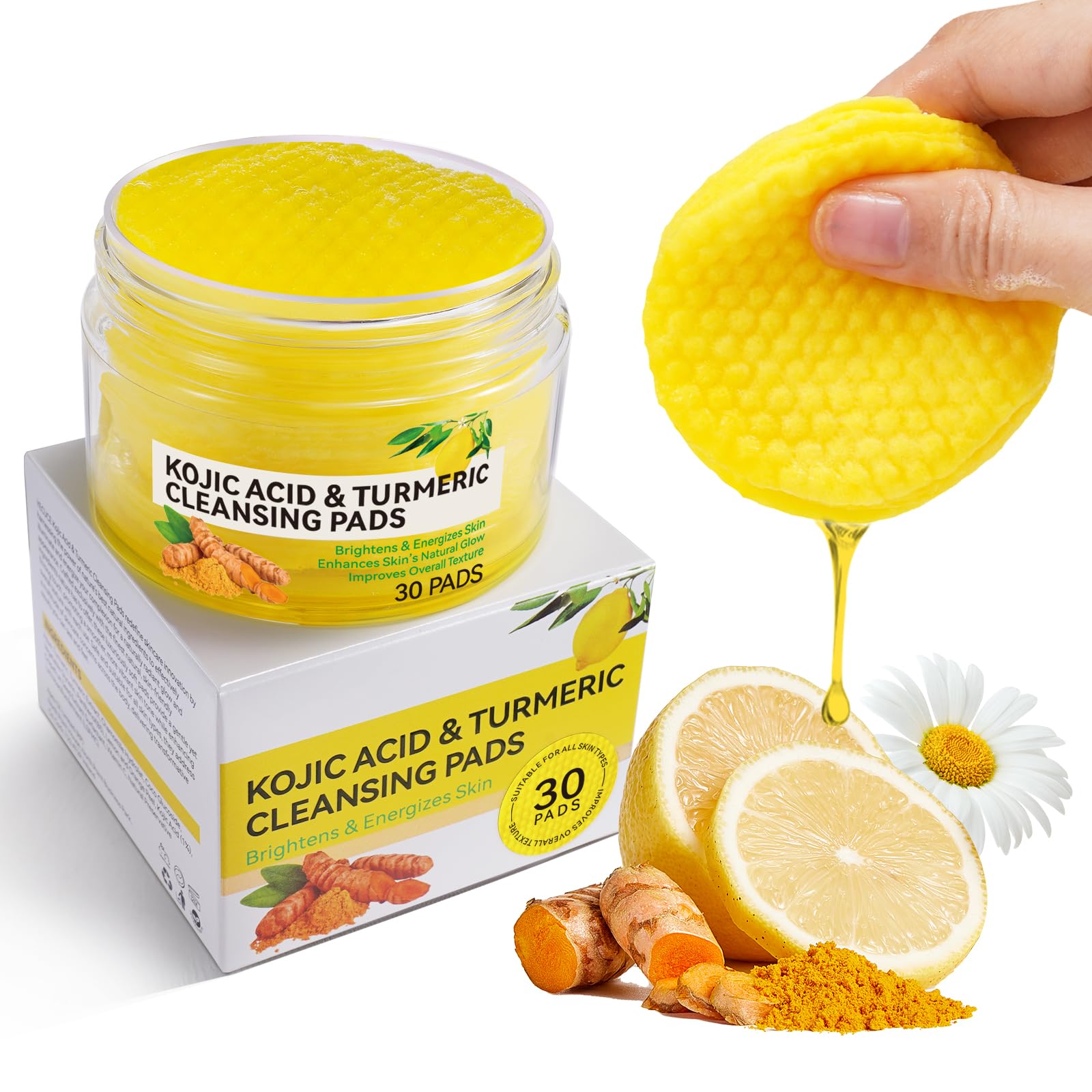 Kojic Acid & Turmeric Cleansing Pads, Turmeric Exfoliating Foaming P-ads with Panthenol Vitamin B5, Resurfacing P-ads for Face & Body,Fades Dark Spots, Fades Discoloration, Facial Sponges - 30Pcs
