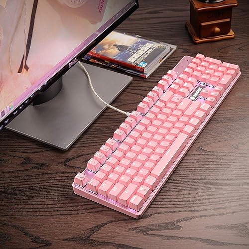 SADES Pink Mechanical Keyboard, USB Wired Metal Panel, Compact