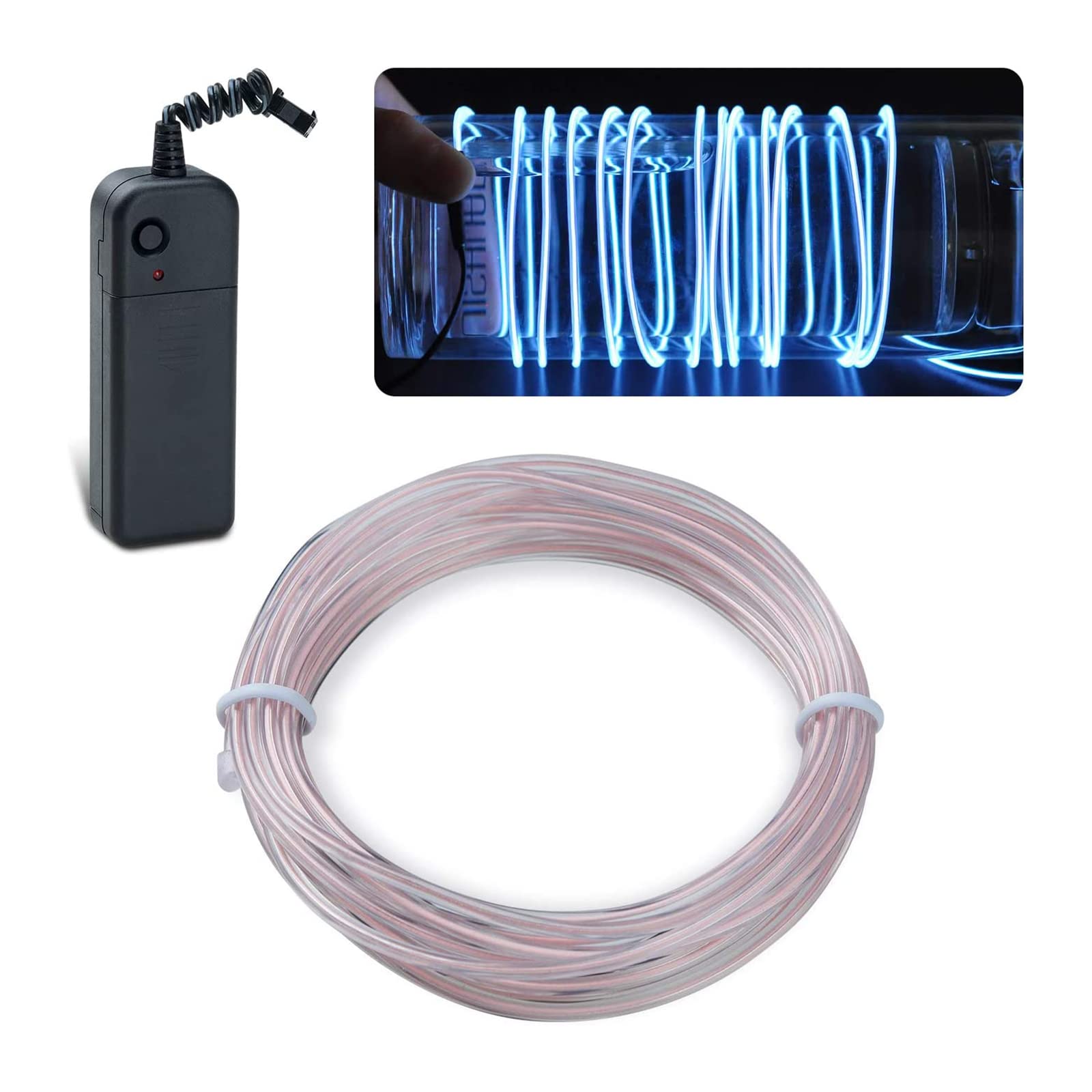 Photo 1 of lychee EL Wire Neon Glowing Strobing Electroluminescent Light El Wire w/Battery Pack for Parties, Halloween Decoration (White, 9ft)