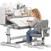Kids Desk and Chair Set, Height Adjustable Ergonomic Art Desk for Ages 3-12 | 50&deg; Tiltable Desktop,Rotary knob lift，Rotating handle for adjusting table height, Storage Drawer &amp; Built-in Bookstand
