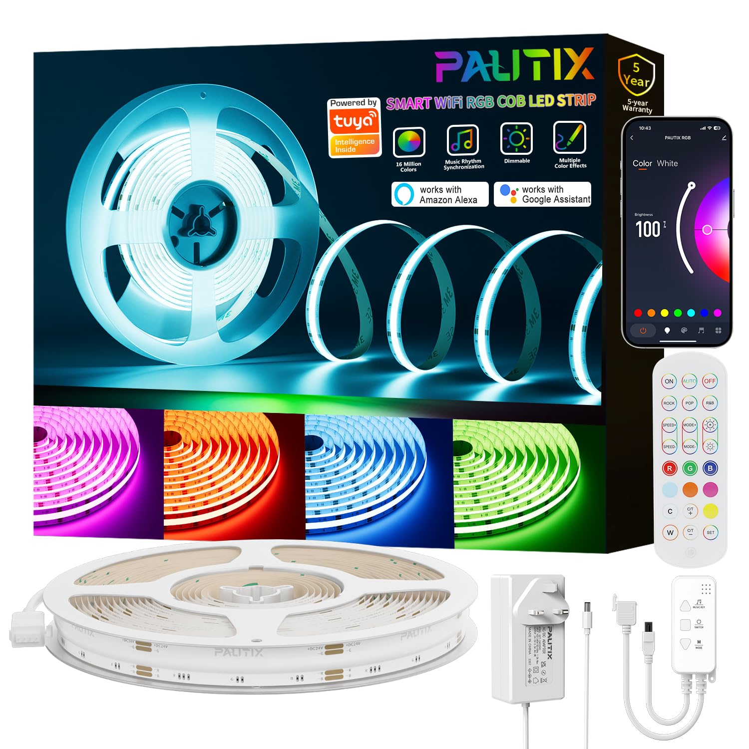 PAUTIX LED Strip Light RGB 10M Colour Changing COB Light Strips DC24V Work with Alexa/Google Assistant/Tuya Multicolour Dimmable Flexible Tape Light,for TV,Bedroom,Party DIY Decoration