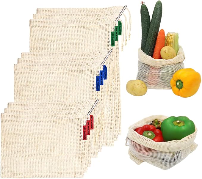 Reusable Cotton Mesh Produce Bags, Set of 9 Veggie Shopping Bags Net