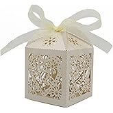 KPOSIYA 70 Pack Love Heart Laser Cut Wedding Party Favor Box Candy Bag Chocolate Gift Boxes Bridal Birthday Shower Bomboniere with Ribbons