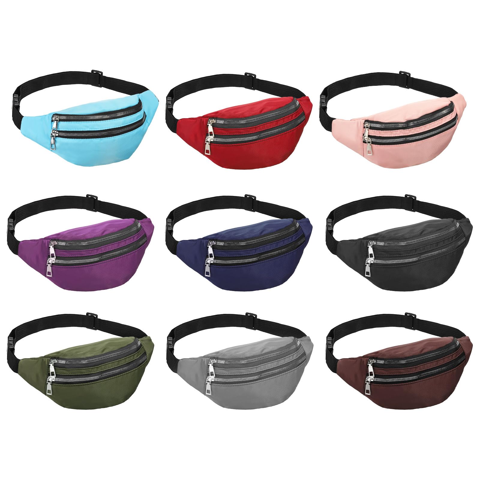 PATIKIL 9 Pieces Neon Waist Packs for 80s 90s Party Adjustable Running Waist Bags Bulk Waist Pack with 2 Pockets for Women Men Sport Traveling Party, 9 Colors