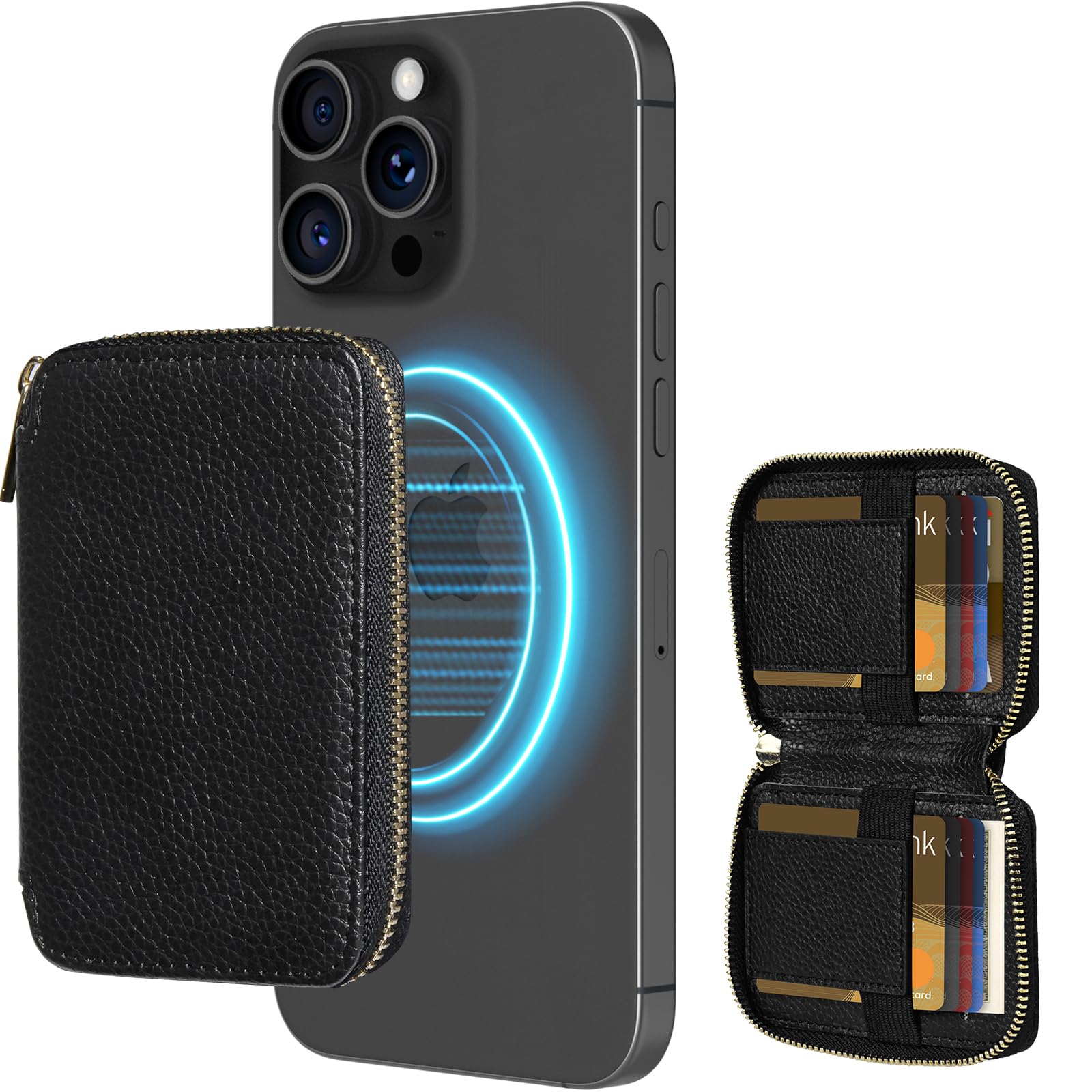 Photo 1 of LOHASIC for MagSafe Wallet for iPhone 17/16/15/14/13/12 Pro Max, 10 Card Holder, RFID Blocking, Magnetic Phone Wallet with Zipper, RFID Blocking, PU Leather Mag-safe, Not for iPhone 13/12 Mini - Black