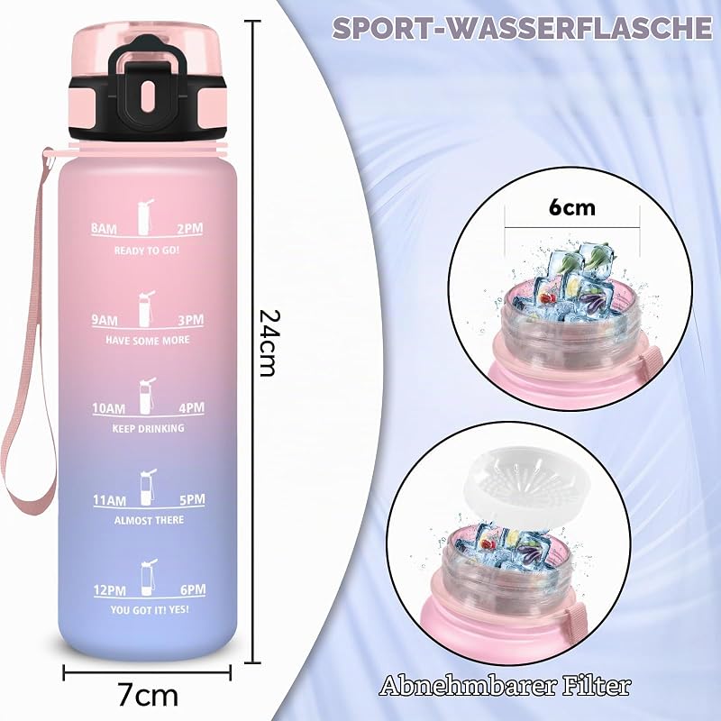 Trinkflasche Kinder, Wasserflasche 0 5 liter, Trinkflasche mit Uhrzeit, Wasserflasche Auslaufsicher, mit Zeitmarkierung, Leicht zu Reinigen, für Schule, Büro, Outdoor, Camping, Running, Fitness, Gym