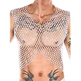 ChiaoLezhee Rhinestone Crop Tops for Men, Rave Outfits Concert Festival, Sexy Mesh Shirts, Sheer Sparkly Fishnet Tanks