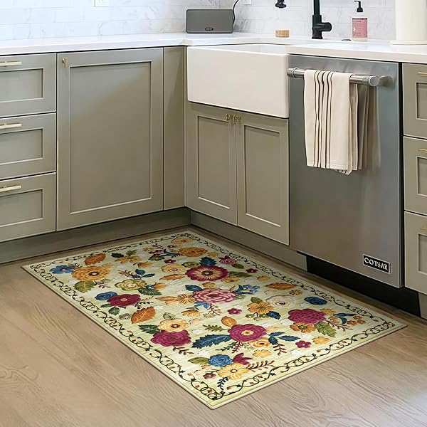 2X6 MACHINE WASHABLE RUNNER RUG, KITCHEN HALLWAY AREA RUG GREEN VINTAGE BOHO FLORAL ULTRA NON-SLIP LOW PILE SOFT FAUX WOOL CARPET, KIDS AND PETS FRIENDLY FOR BEDROOM ENTRYWAY NURSERY HOME DECOR RUG