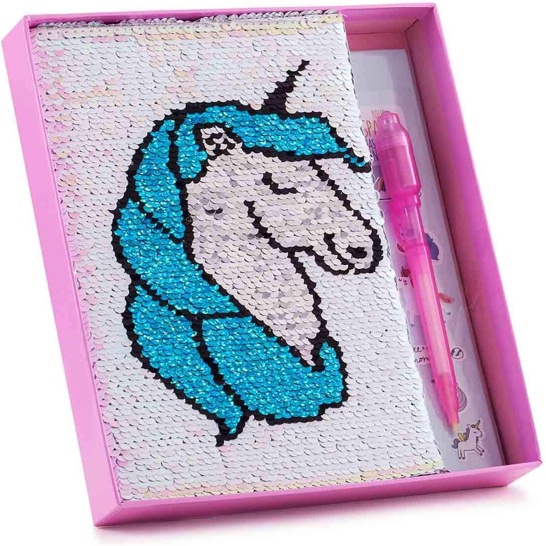YiRAN Girls Secret Diary Sequin Unicorn Diary & Magic Pen with Unicorn Stickers for Girl Children Secret Keeper Private Journal Great Christmas Birthday Gifts For Girls Age 5 6 7 8 9 10 years (Pink)
