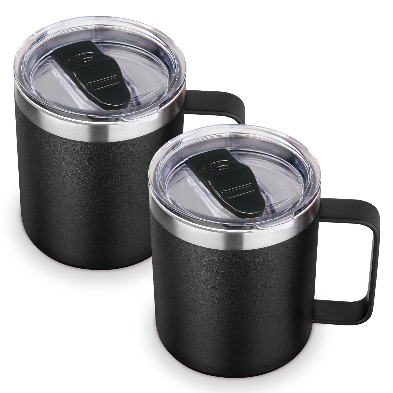 Volhoply 14oz Insulated Stainless Steel Coffee Mug with Lid Bulk 2 Pack,Double Wall Vacuum Travel Coffee Cup with Handle,Reusable Metal Tumbler,Camping Mugs Keep Hot,Christmas Gifts(Black,2 Set)
