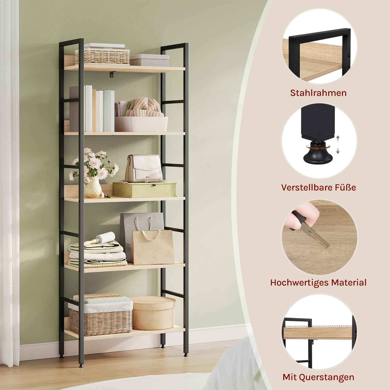 WOLTU Bücherregal, offenes Standregal mit 5 Ebenen, stehendes Regal für Wohnzimmer Schlafzimmer Arbeitszimmer, 60x160x27,5 cm, Schwarz + Helle Eiche 3