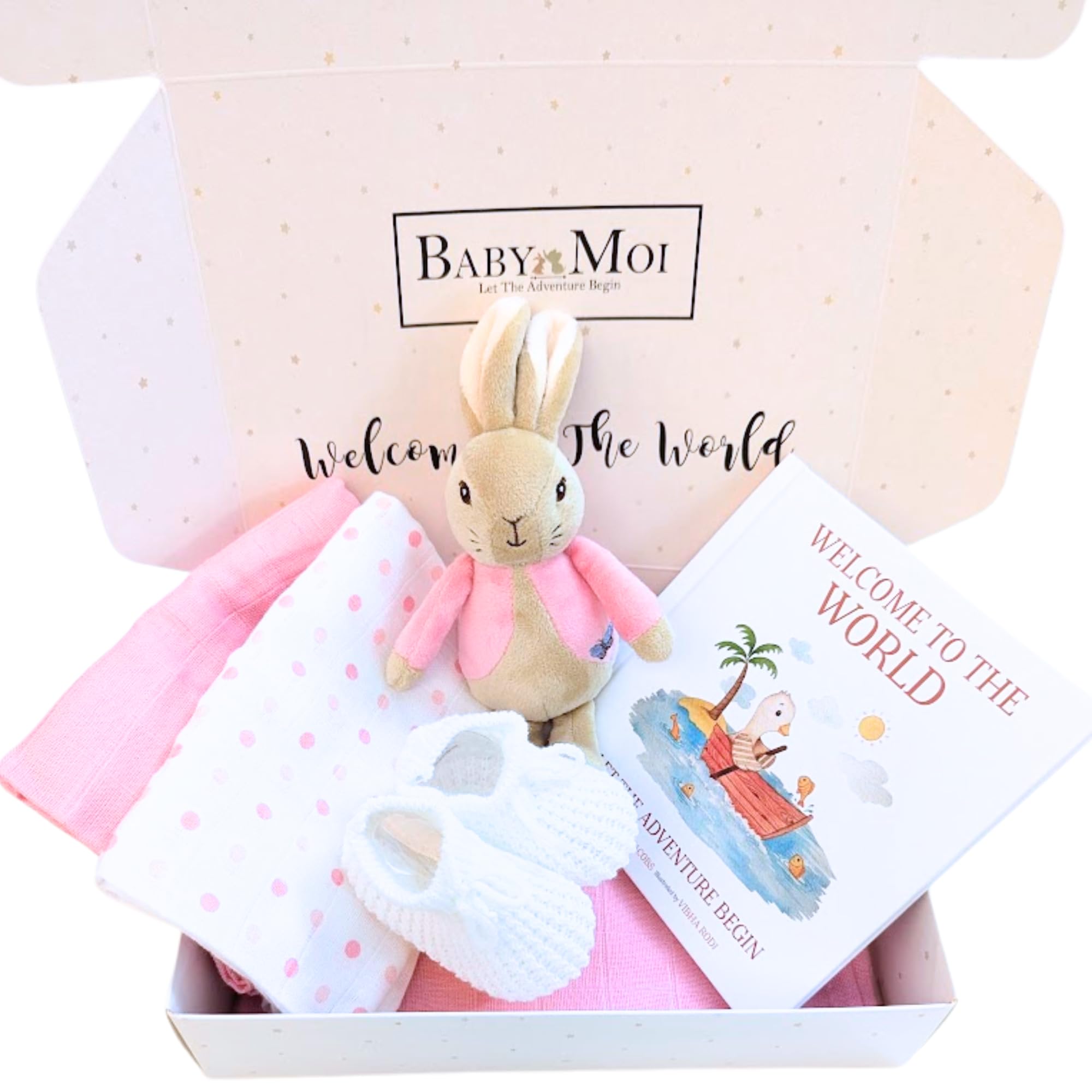 New Baby Girl Gift Box Flopsy Bunny Beatrix Potter 5 Piece Newborn Girl Gift Set Baby Booties, Flopsy Soft Toy, 2 Muslins Baby Shower Present Mum to Be Gift (Girl)