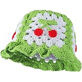 Fiewmay Crochet Bucket Hat for Women Handmade Floral Hat Portable Knitted Elastic Cute Beach Hat for Vacation Traveling