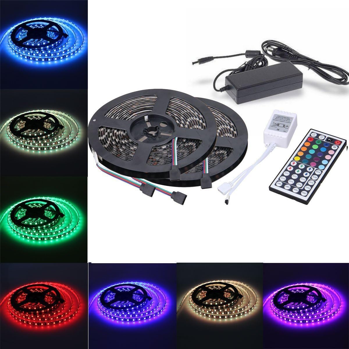 CY LED 2x5 M (10 m in total) 3528 SMD 600 LED RGB Light Strip Flexible LED Strips, Strip With 6 A UK Power Supply Adapter + 44 key Colours IR Controller. Ideal For Gardens, Homes, Kitchen, Under Cabinet, Cars, Bar, Moon, DIY Decoration Lighting