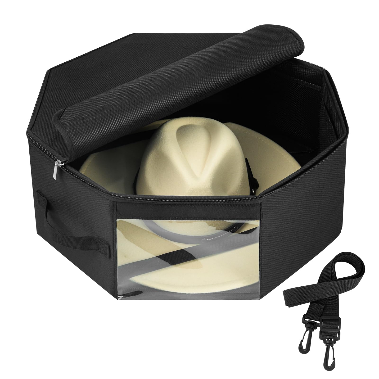 Photo 1 of Bamneat Hat Box for Travel & Home Closet Storage, Side Reinforced Hard Octagonal Case, Crush-proof, Dust-proof for Cowboy, Panama & Fedora Hats, Black