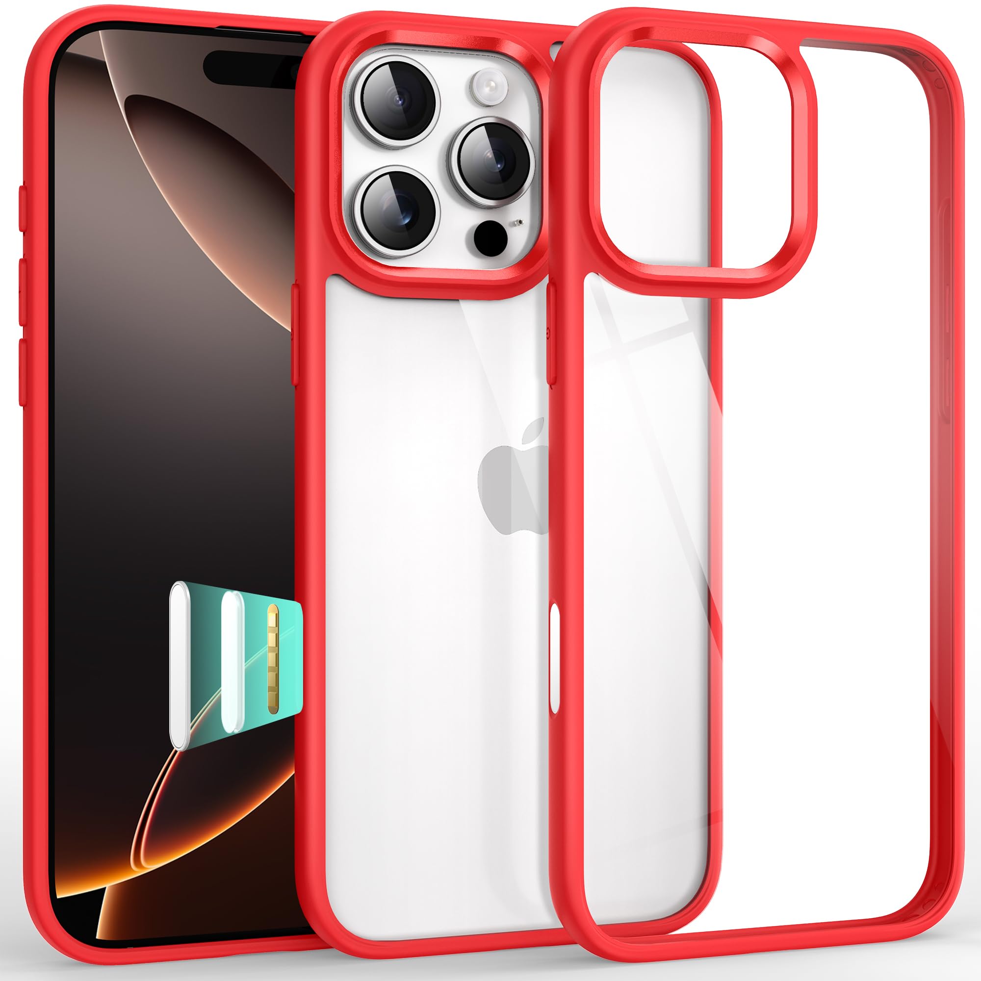 Photo 1 of Supdeal Shockproof Clear Case for iPhone 16 Pro, [Camera Control Button] [10FT Military Drop Protection] Hard Clear Back Silicone Edge Four Corner Airbags Phone Cover, 6.3 inch, Red