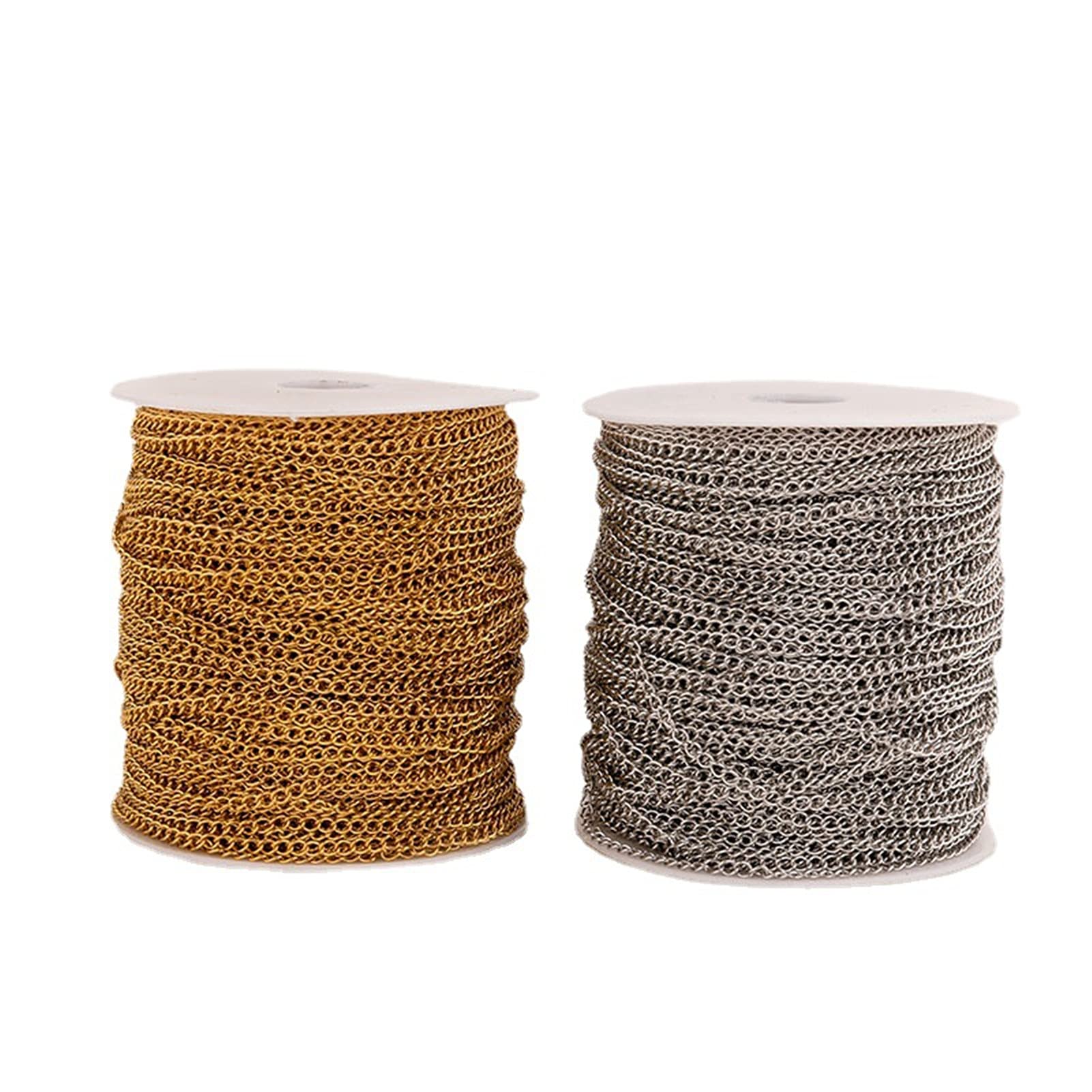 164 Feet/50M Soldered 304 Stainless Steel Curb Chains 3.5x2.5x0.5mm Twisted Links Cross Cable Chains Golden & Silver Plated with Spool for Jewelry Making