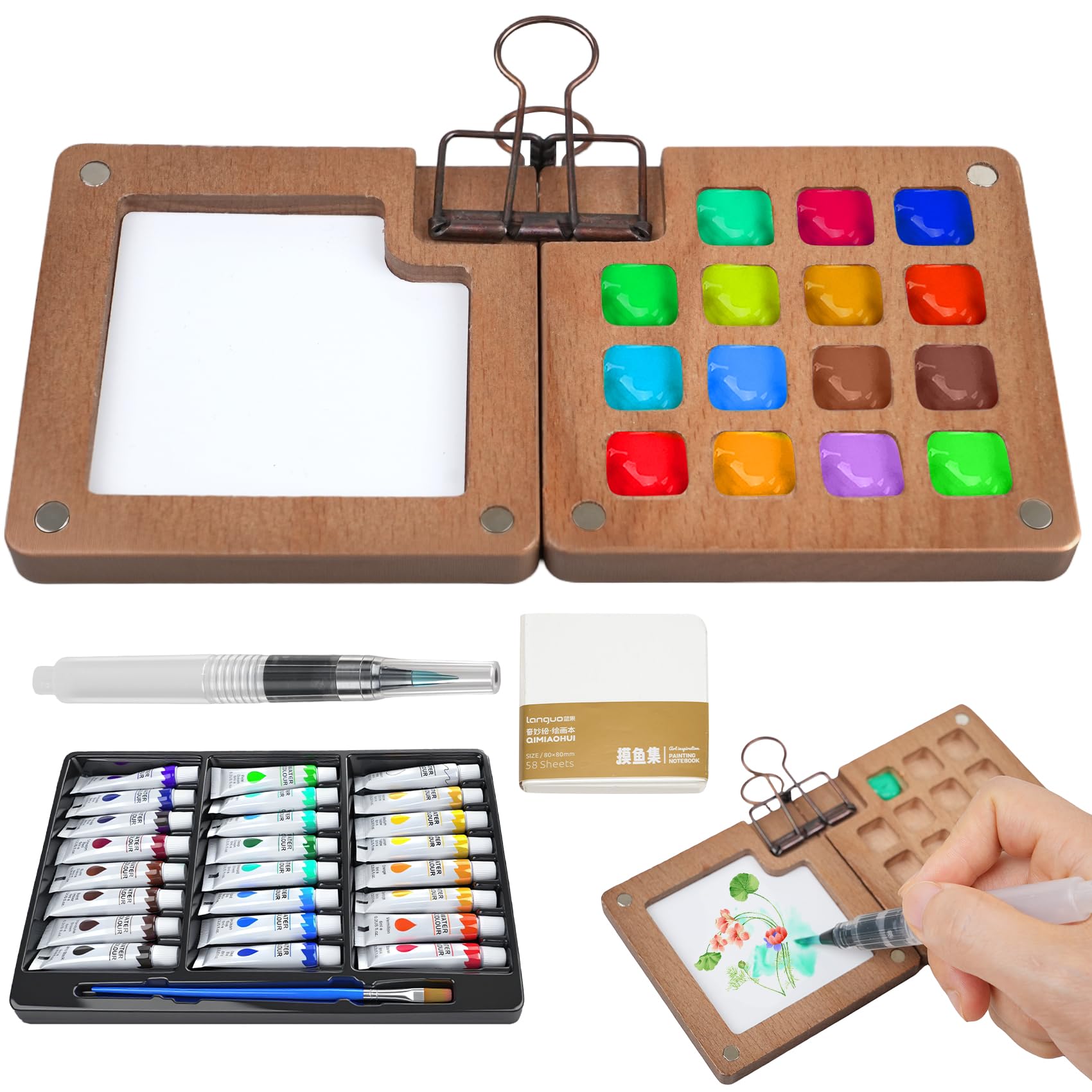 Gloxlite Mini Paint Palette Travel Kit,Mini Travel Watercolor Palette Set,Pocket Artist Acrylic colour Sets with Watercolor Pens,Binder Clips, Include 24 Colors Paint for Beginners Artists Students