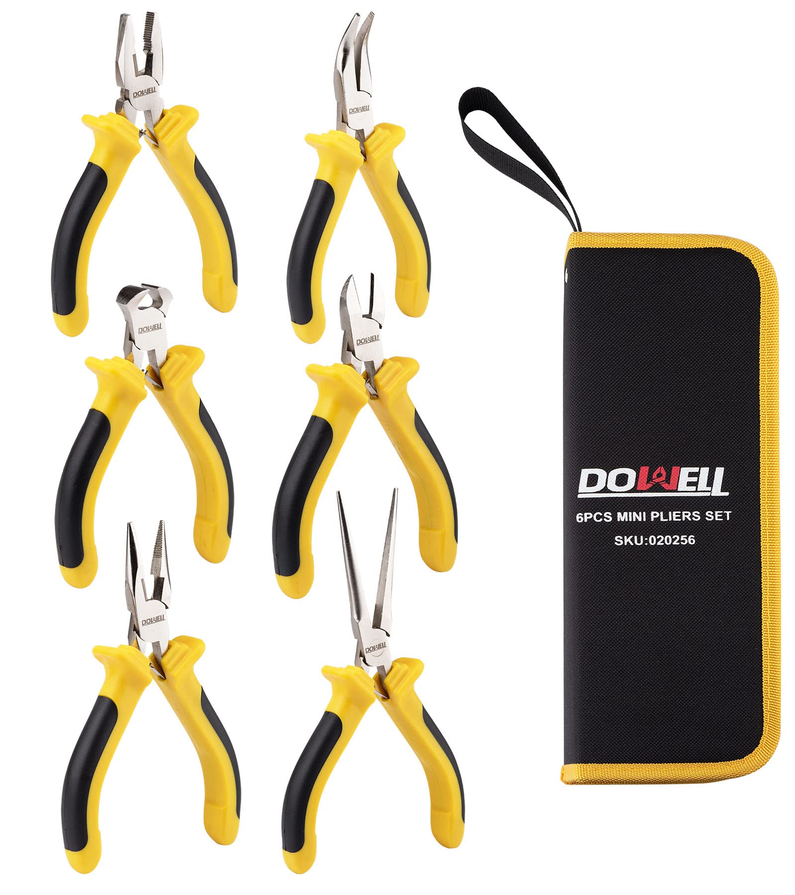 DOWELL 6-piece Mini Pliers Set NeedleNose Diagonal Long Bent Ends Cutting and Linesman for Making Crafts Repairing Electronic Devices with Pouch