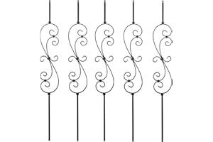 SENMIT S10 - Wrought Iron Balusters – Set of 5 Deck Balusters - Decorative Metal Balusters for Decks – S Scroll - 1/2-inch Hollow Iron Spindles – Satin Black Metal Railing